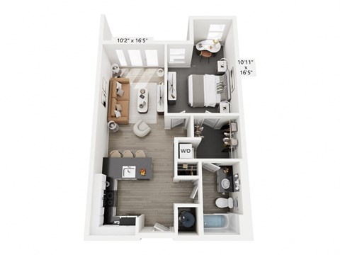 The Highlight floor plan at Contrast OTR in Cincinnati, Ohio’s Over-the-Rhine neighborhood is a 697 sq. ft. one-bedroom, one-bathroom apartment featuring an open-concept layout, modern kitchen, walk-in closet, and in-unit washer and dryer—perfect for urban living near TQL Stadium and downtown